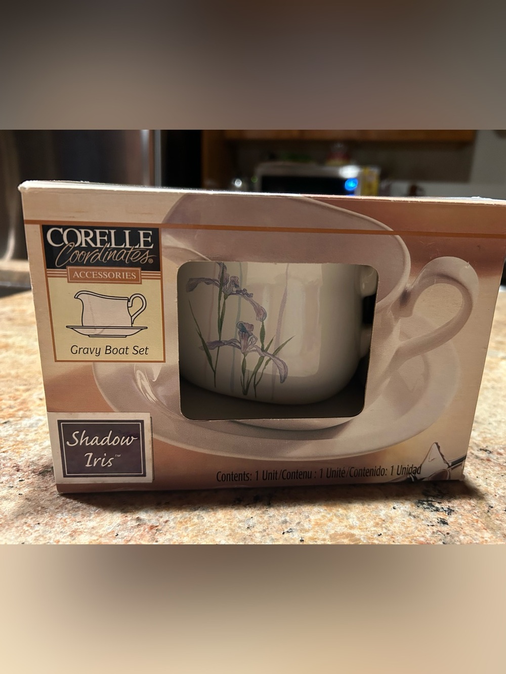 Corelle by Corning NY “Shadow Iris” Gravy Boat 2 pc Set w/Underplate (20 oz) NIB